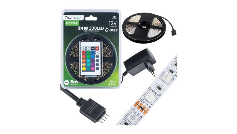 Zestaw Taśma LED Pasek 12V 24W 300LED SMD 5050 RGB 8mm 5m + Zasilacz + Pilot-142007 Zestaw Taśma LED Pasek 12V 24W 300LED SMD 5050 RGB 8mm 5m + Zasilacz + Pilot-142007