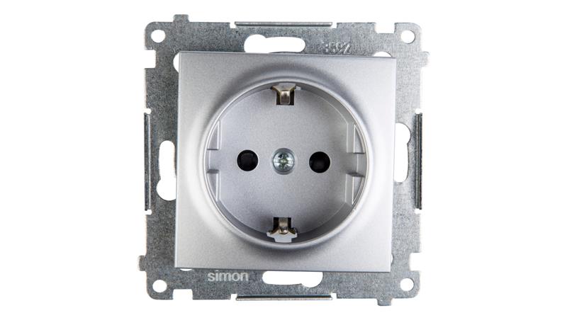 Simon 54 Gniazdo pojedyncze SCHUKO z/u 16A IP20 z przesłoną torów, szybkozłącza, srebrny mat DGSz1CZ.01/43-43442