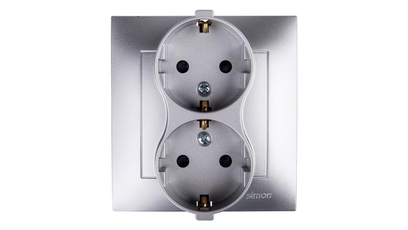 Simon 54 Gniazdo podwójne SCHUKO z/u 16A IP20 z przesłoną torów srebrny mat DGSz2Z/43-43254