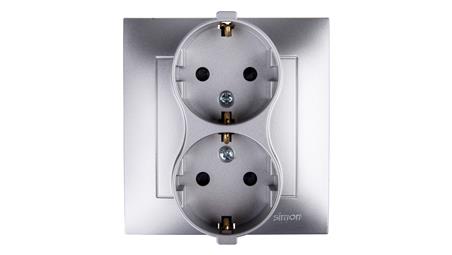 Simon 54 Gniazdo podwójne SCHUKO z/u 16A IP20 z przesłoną torów srebrny mat DGSz2Z/43-43254
