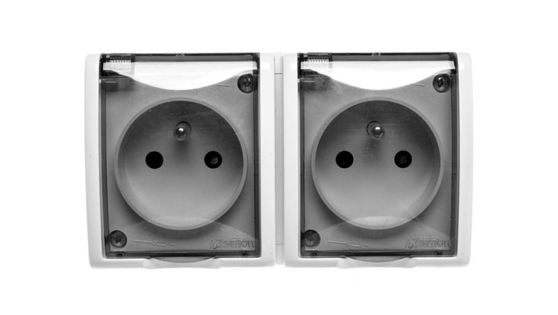 Simon Aquarius Gniazdo hermetyczne podwójne z/u IP54 z i przesłoną torów i klapką transparentną białe AQGZ1-2z/11a-40768