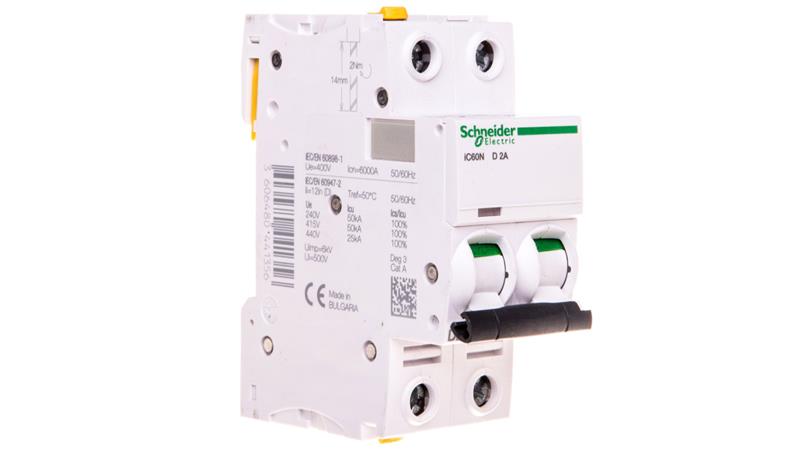 Wyłącznik nadprądowy 2P D 2A 6kA AC iC60N-D2-2 A9F05202-16855 Wyłącznik nadprądowy 2P D 2A 6kA AC iC60N-D2-2 A9F05202-16855