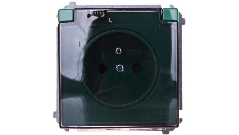 Simon Basic Gniazdo bryzgoszczelne z/u IP44 z przesłoną torów i klapką dymną zielone BMGZ1Bz.01/33a-43368